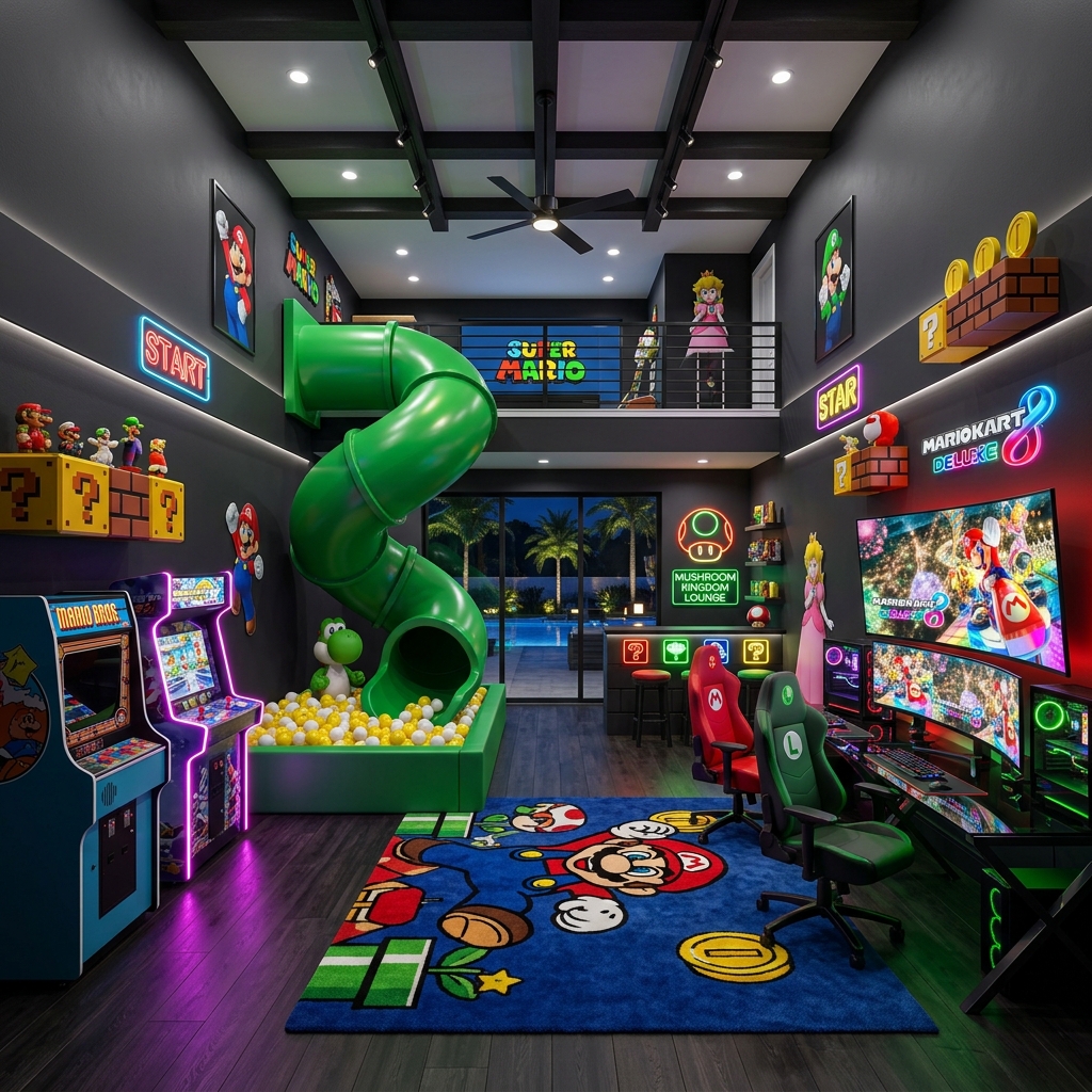 Custom Mario Universe themed playroom with neon lights in Davenport Florida STR